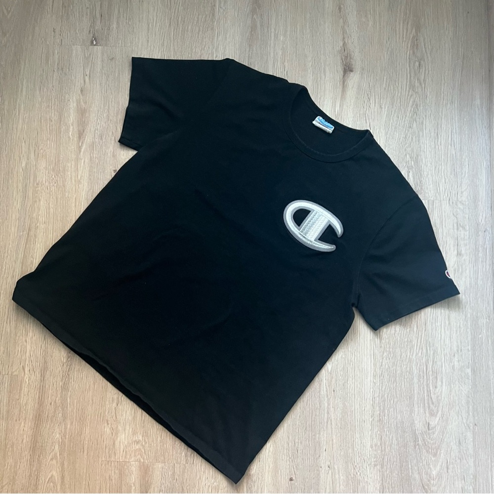 Vintage 90s Champion Black Crewneck with Big Silver Embroidered Logo Men's XL - Picture 4 of 10
